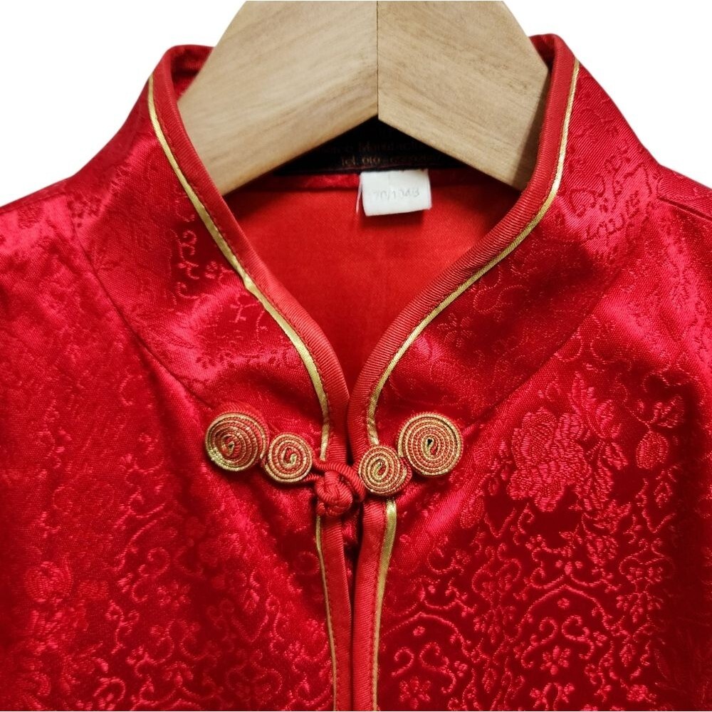 Chinese Womens Tang Jacket Red Gold Floral Satin Knot Asian Party Wedding Sz L - Picture 3 of 10